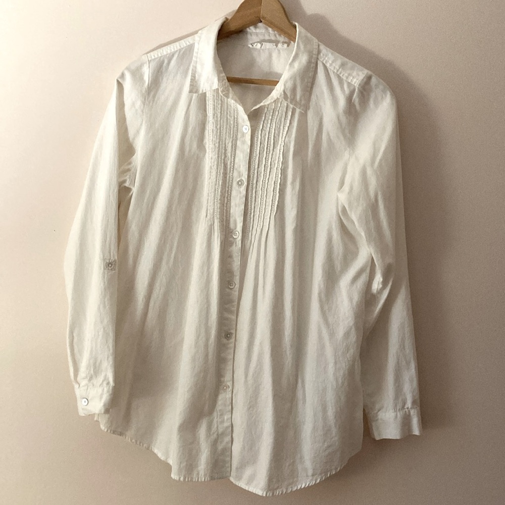 Women's J.Jill Button Down Blouse Shirt, M, White Cotton Pintucked